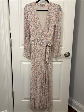 Ganni White Maxi Wrap Dress with Pink, Yellow & Blue Floral Print